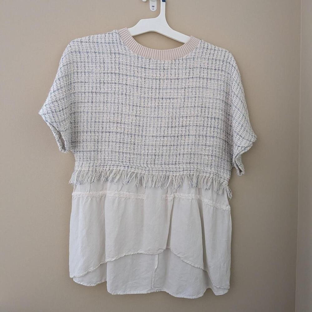 Zara Woman White And Blue Top With Fringe And White Under Shirt